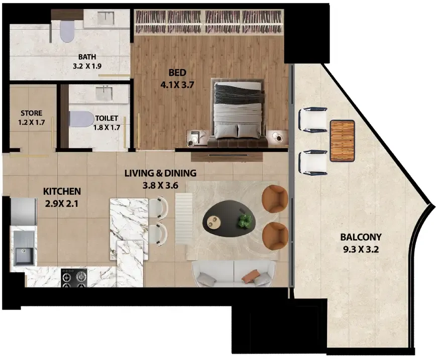 Marquis One 1 bed floor plan, 882 sqft
