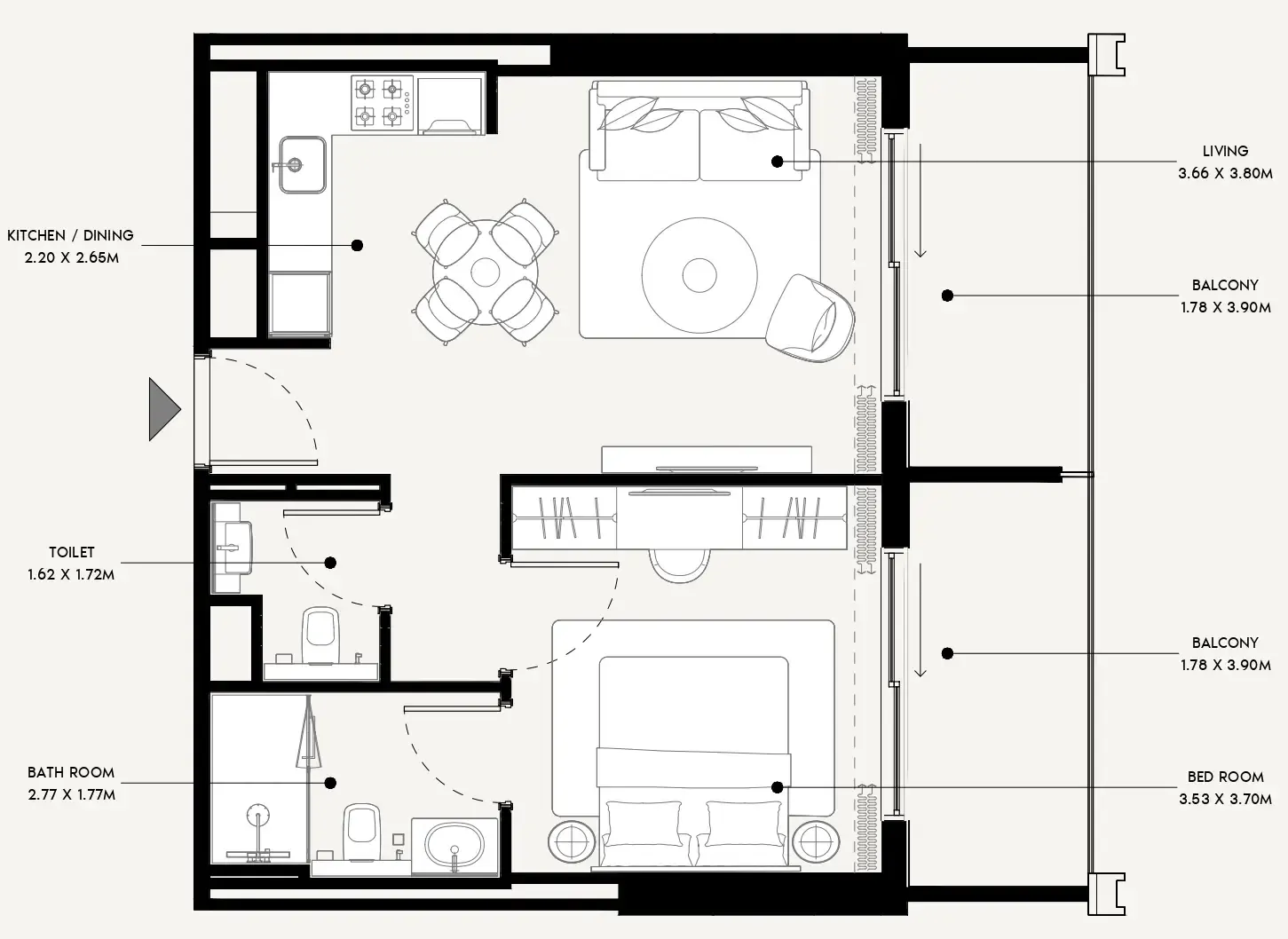 Azizi Venice 1 bed floor plan, 708 sqft