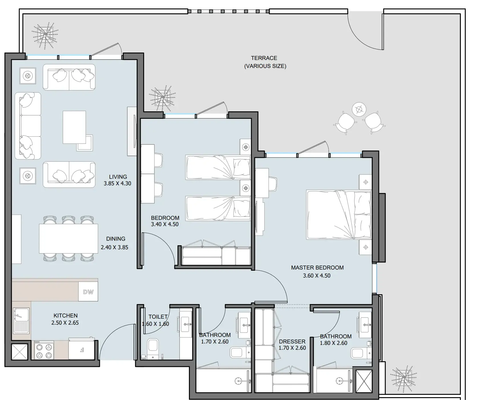 The District 2 bed floor plan, 1,211 – 1,333 sqft