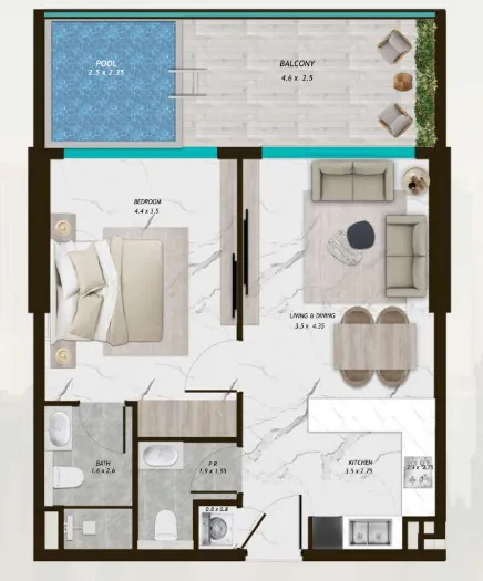 Samana Parkville 1 bed floor plan, 766 – 767 sqft