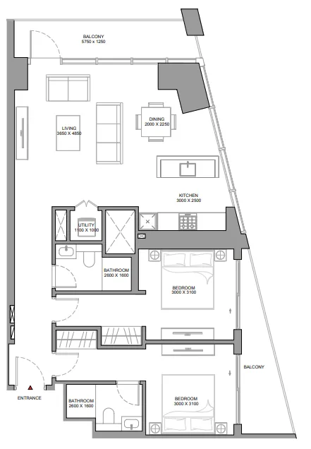 The Horizon at Sobha Central 2 bed floor plan, 1,202 sqft