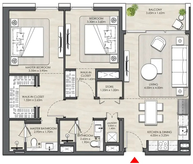 Elvira 2 bed floor plan, 1,064 sqft