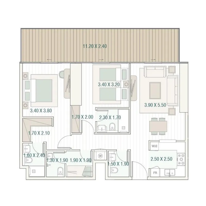 Bab Al Qasr Beach Resort Residence 77 2 bed floor plan, 1,300 sqft