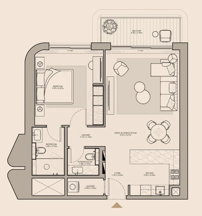 Nourelle 1 bed floor plan, 851 sqft