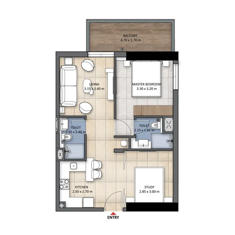 Tranquil Wellness Tower 1 bed floor plan, 751 sqft