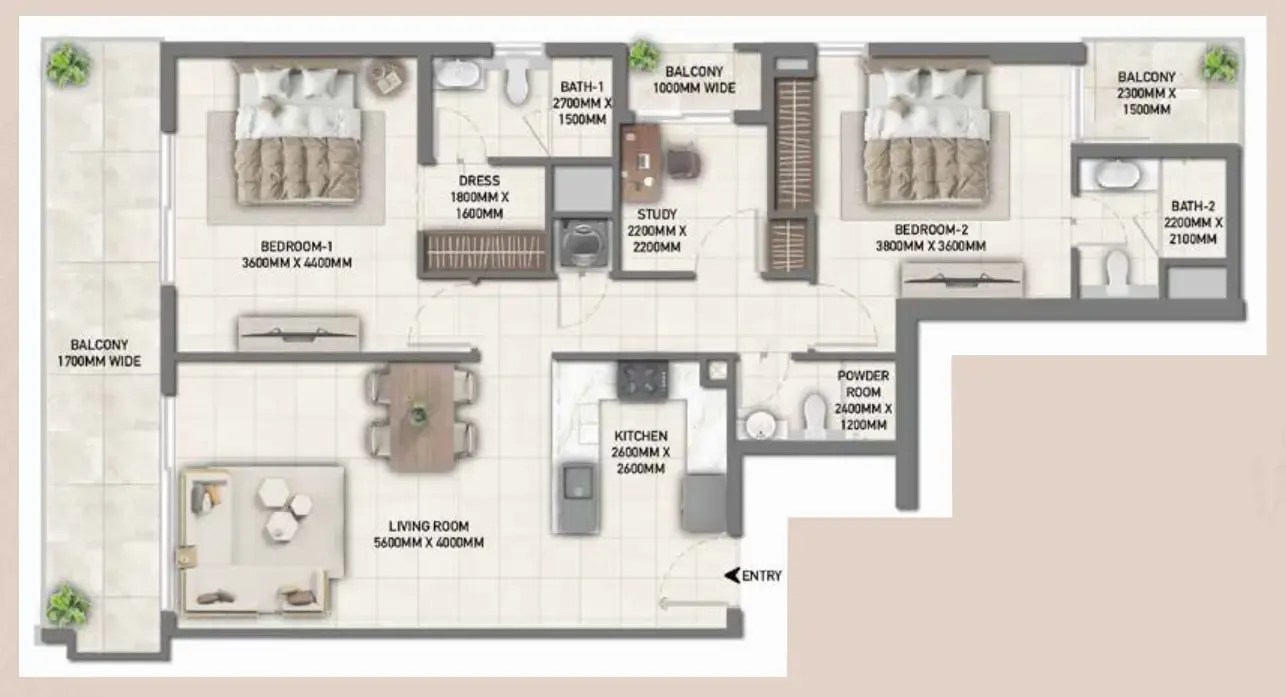 Blossom 40 2 bed floor plan, 1,315 sqft