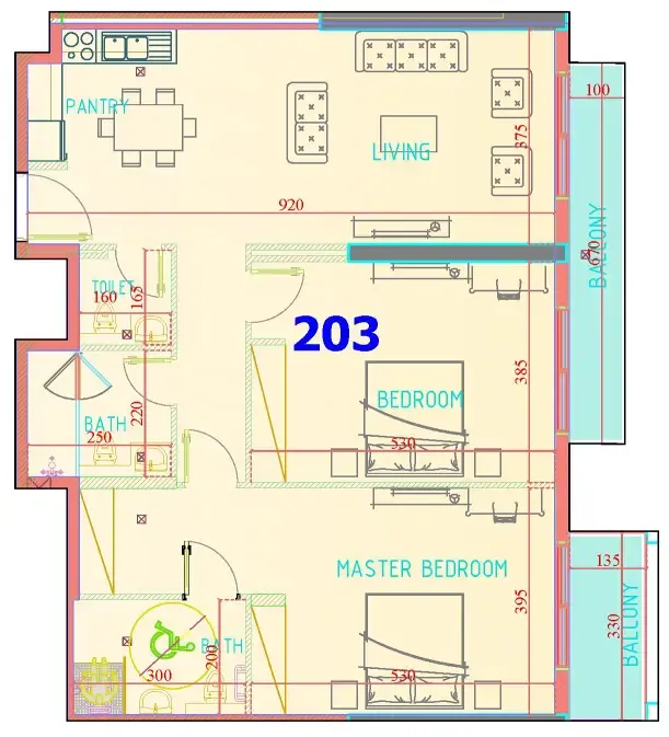Carmel Residence 2 bed floor plan, 1,308 sqft