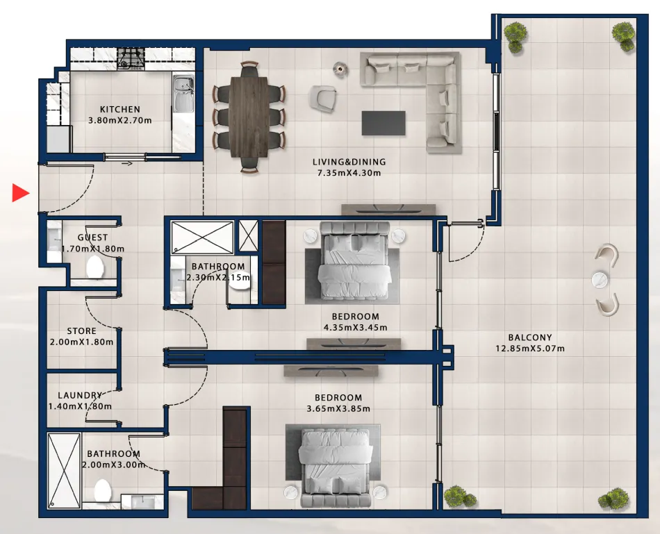 Asayel Avenue 2 bed floor plan, 1,983 sqft
