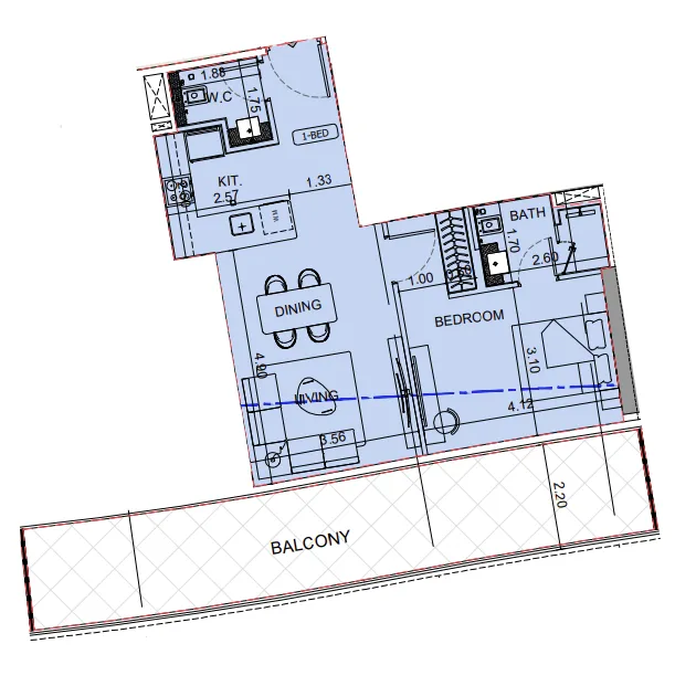 Binghatti Aquarise 1 bed floor plan, 958 sqft