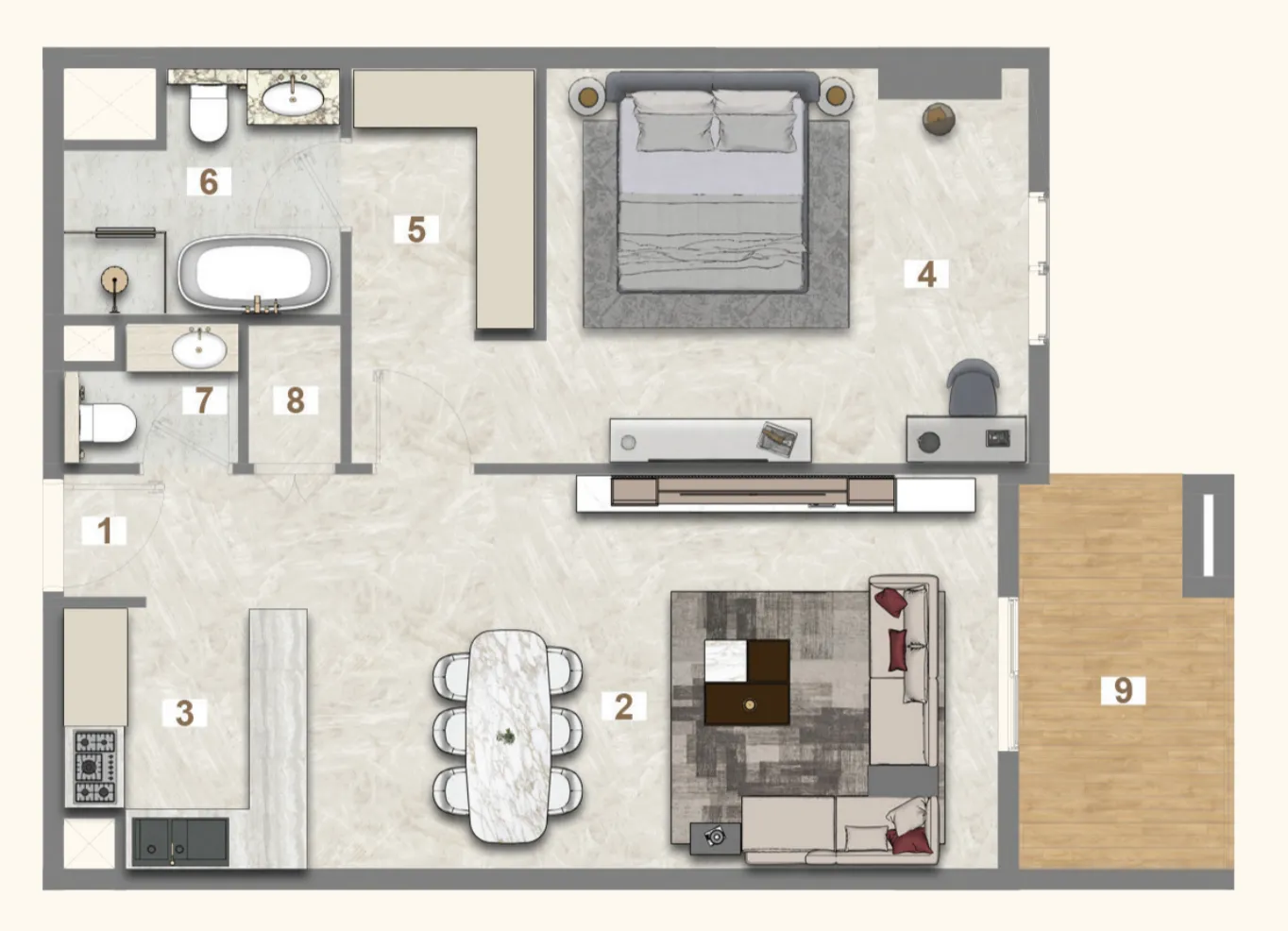 Avenue Residence 7 1 bed floor plan, 886 sqft