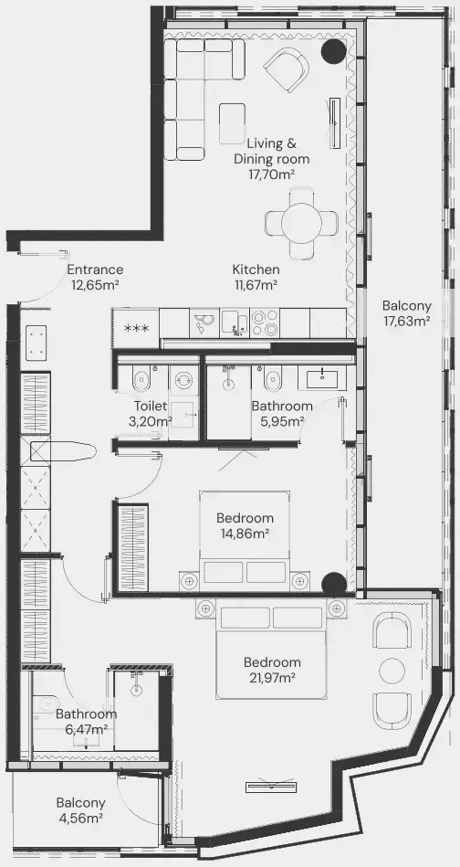 John Richmond District 1 bed floor plan, 1,106 sqft