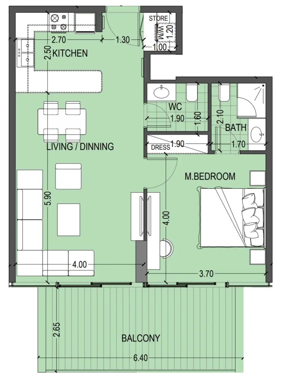 Celia Gardens 1 bed floor plan, 840 sqft
