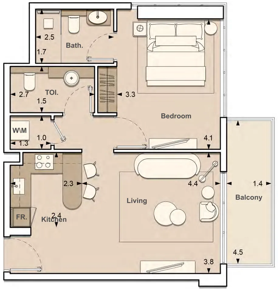 Lume Residences 1 bed floor plan, 677 sqft