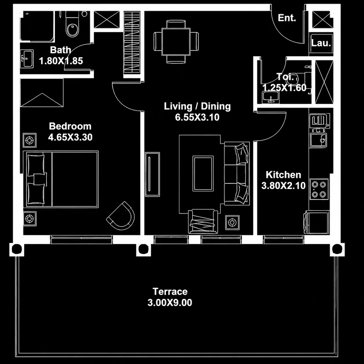 Dania 1 bed floor plan, 642 sqft