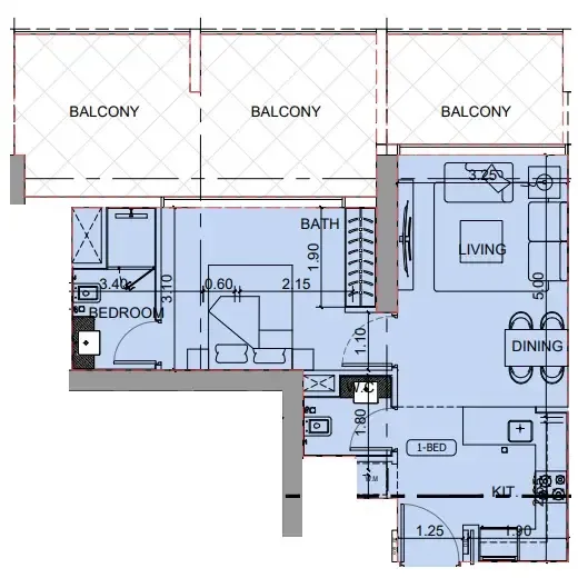 Binghatti Cullinan 1 bed floor plan, 877 sqft