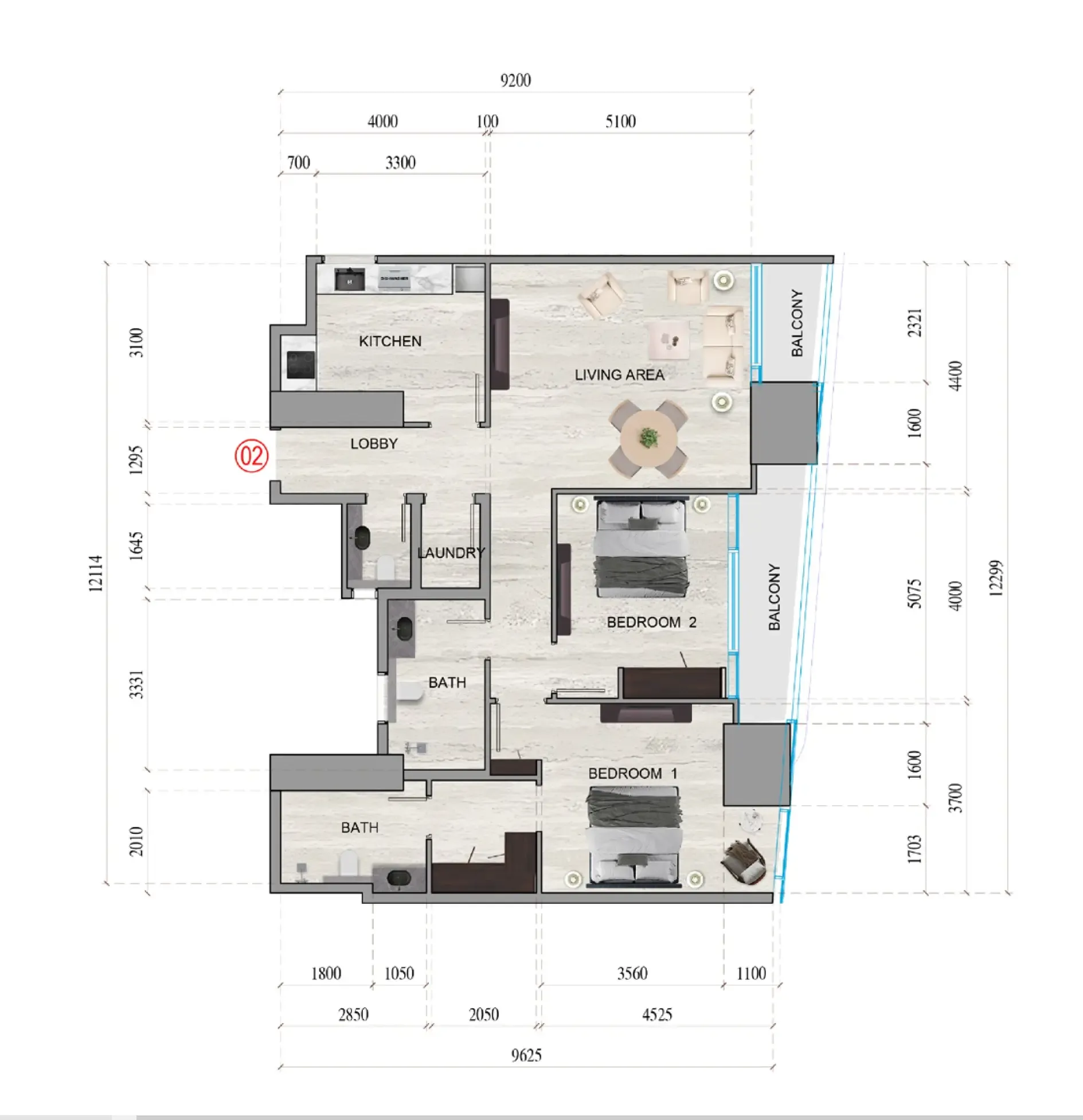 Al Ghaf Tower 2 bed floor plan, 1,312 sqft