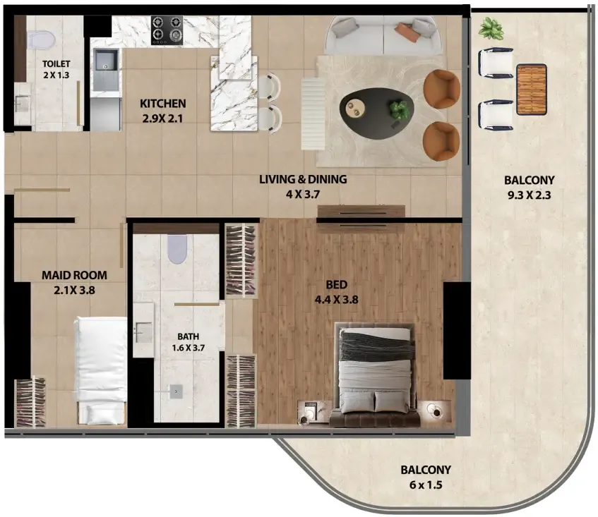 Marquis One 1 bed floor plan, 970 sqft