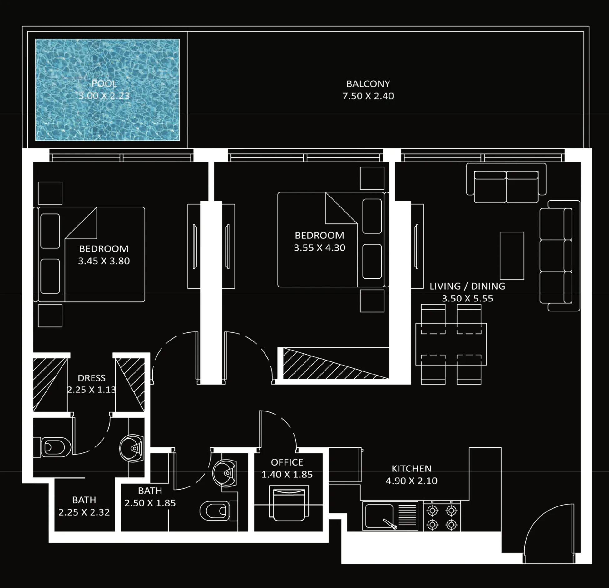 Diamondz 2 bed floor plan, 1,107 sqft