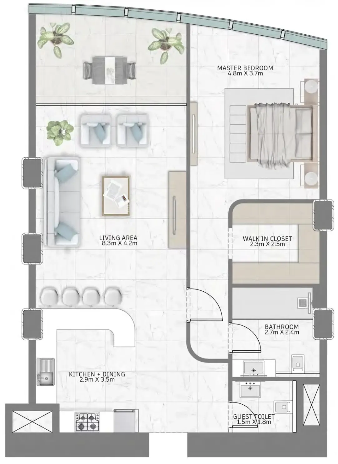Al Habtoor Tower 1 bed floor plan, 951 – 1,019 sqft