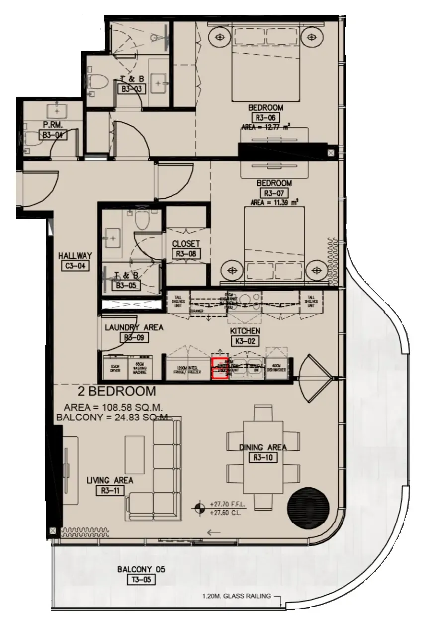 Azha Millennium Residences 2 bed floor plan, 1,436 sqft