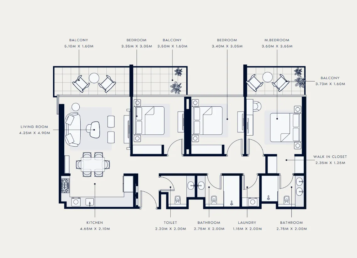 Azizi Venice 3 bed floor plan, 1,433 sqft