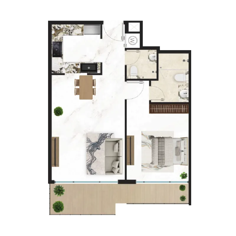 Courtyard One 1 bed floor plan, 787 sqft