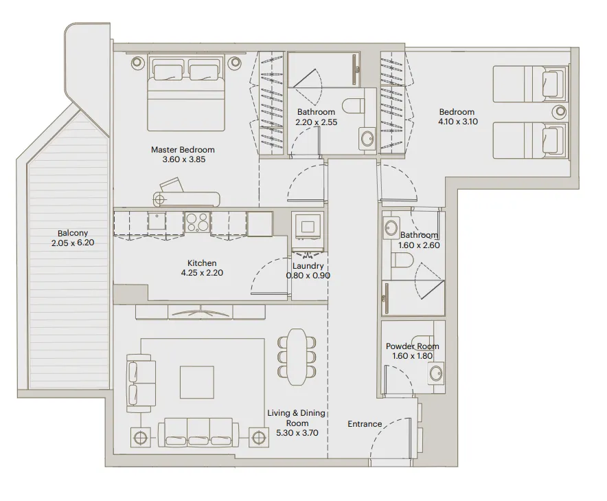 Eleve 2 bed floor plan, 1,161 sqft