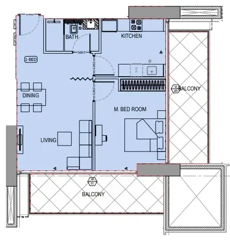 Binghatti Apex 1 bed floor plan, 906 sqft