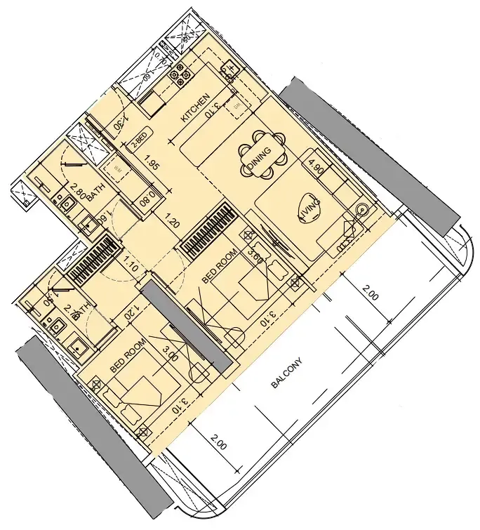 Vision Iconic 2 bed floor plan, 1,075 sqft