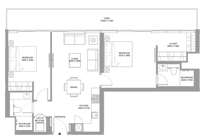Yachtside Marina Residences 2 bed floor plan, 1,072 sqft