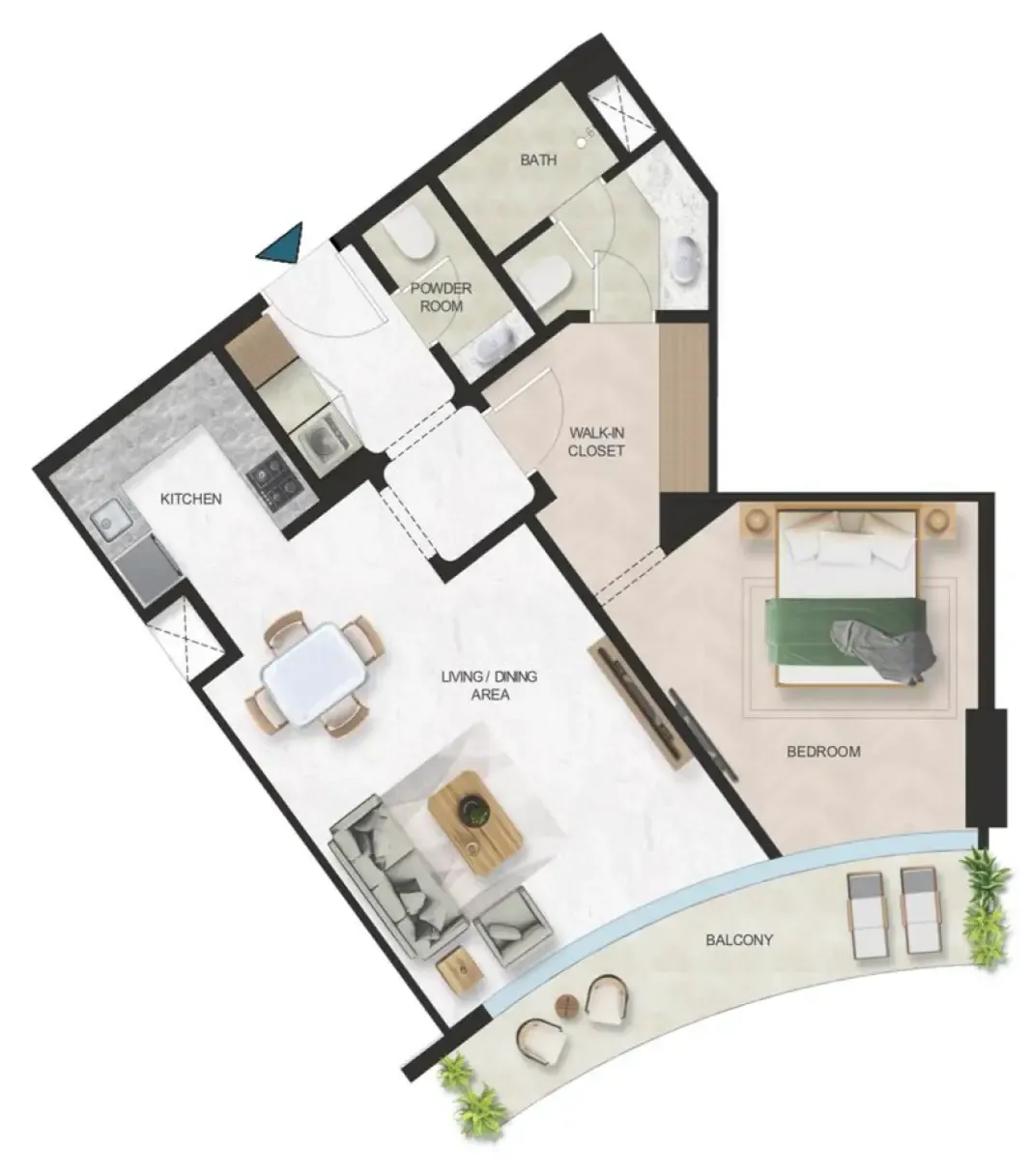 Oystra 1 bed floor plan, 874 sqft