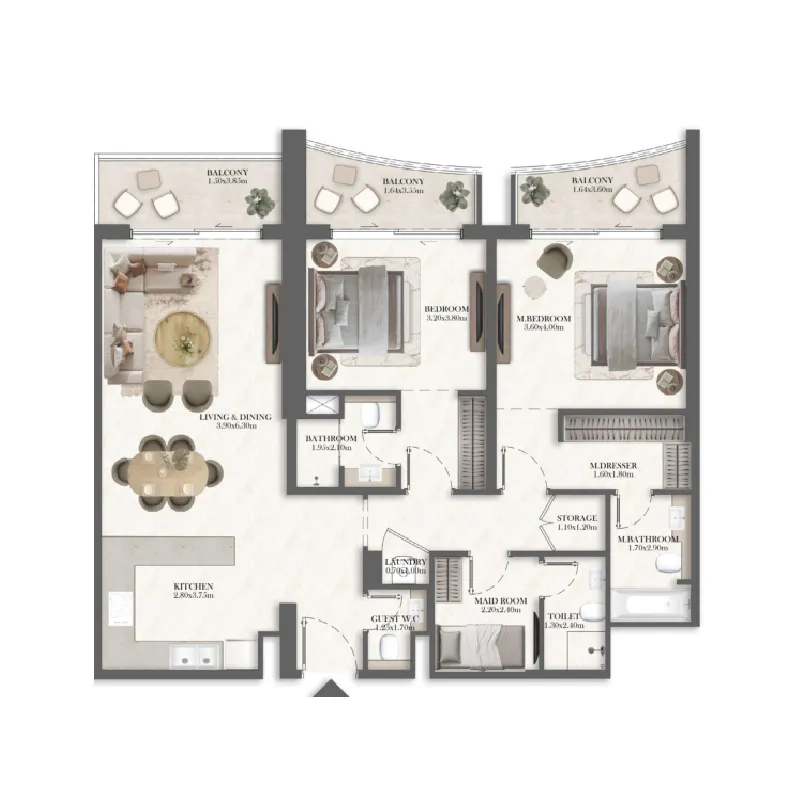 Rotana Residences South Tower 2 bed floor plan, 1,389 sqft