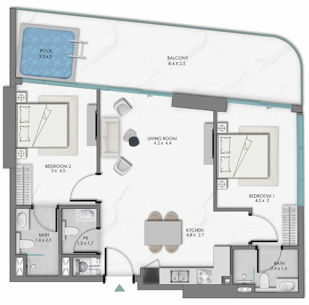 Samana Sky Views 2 bed floor plan, 1,096 sqft