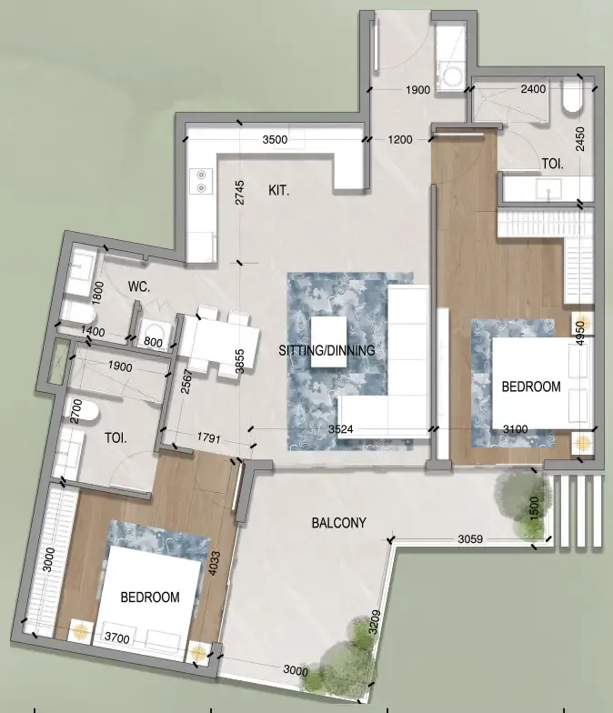 Oasis Residences 2 bed floor plan, 1,131 sqft