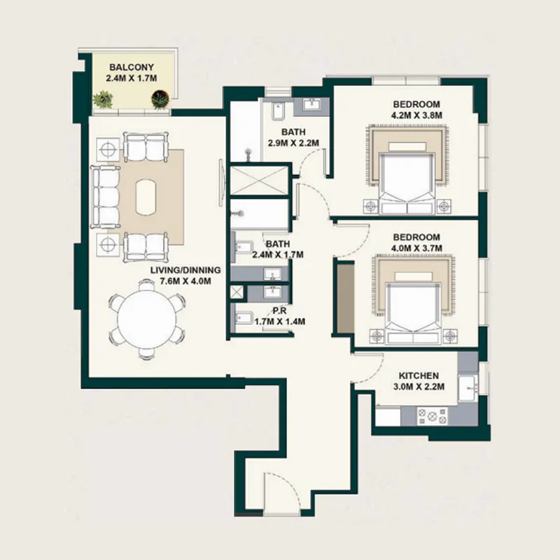 Exotica by Al Marina 2 bed floor plan, 1,221 sqft