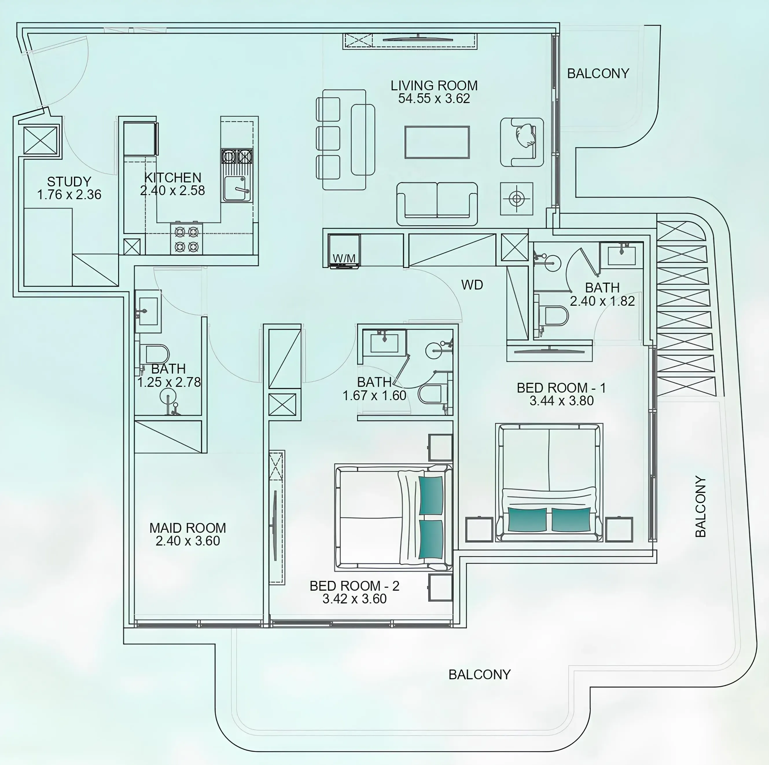 Floarea Breeze 2 bed floor plan, 1,380 sqft