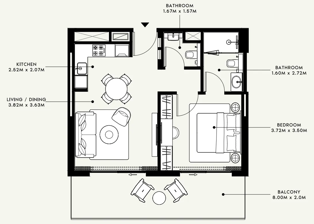 Azizi Venice 1 bed floor plan, 722 sqft
