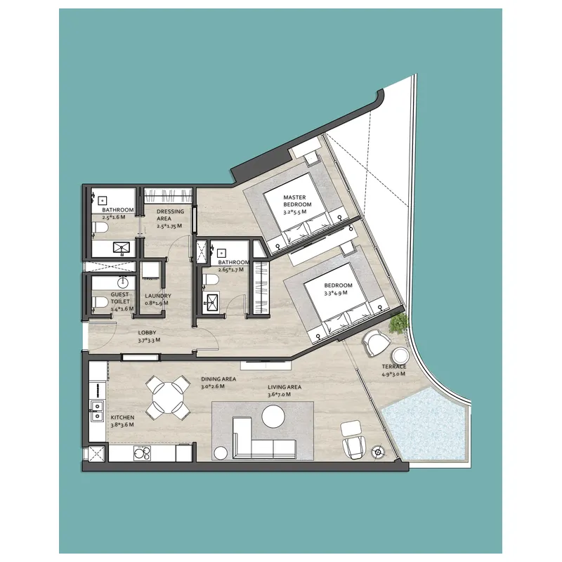 Vistal by Victoria Swarovski 2 bed floor plan, 1,258 sqft