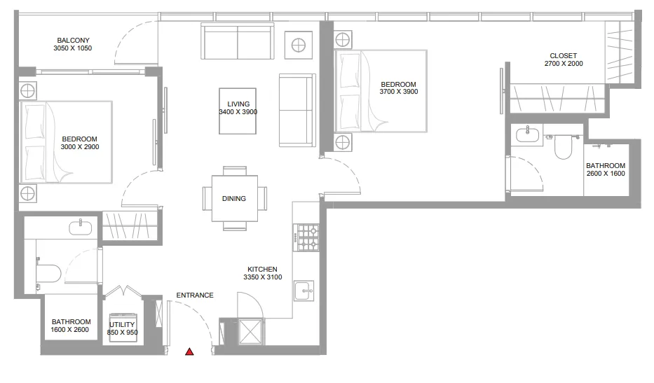 Pierside Marina Residences 2 bed floor plan, 846 sqft