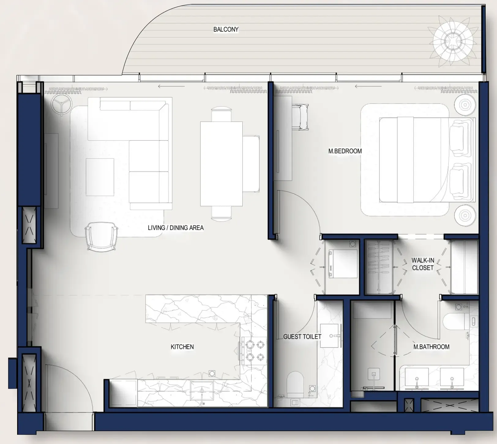 Hilton Residences 1 bed floor plan, 873 sqft