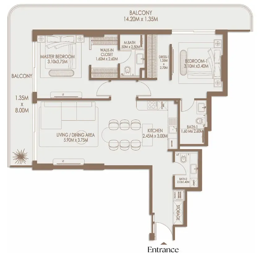 Veona by Gutti 2 bed floor plan, 1,367 sqft