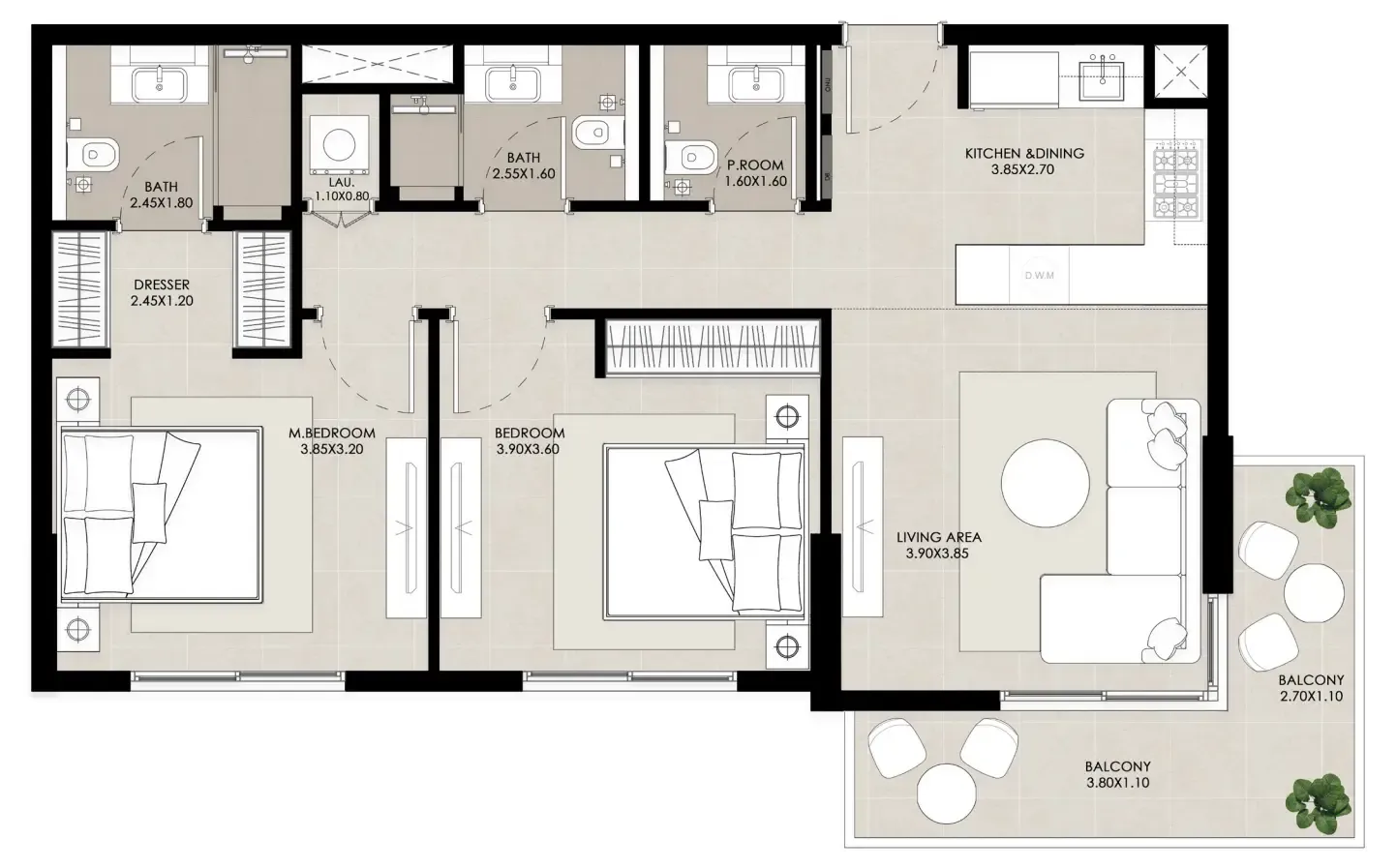 Rosewell 2 bed floor plan, 946 sqft