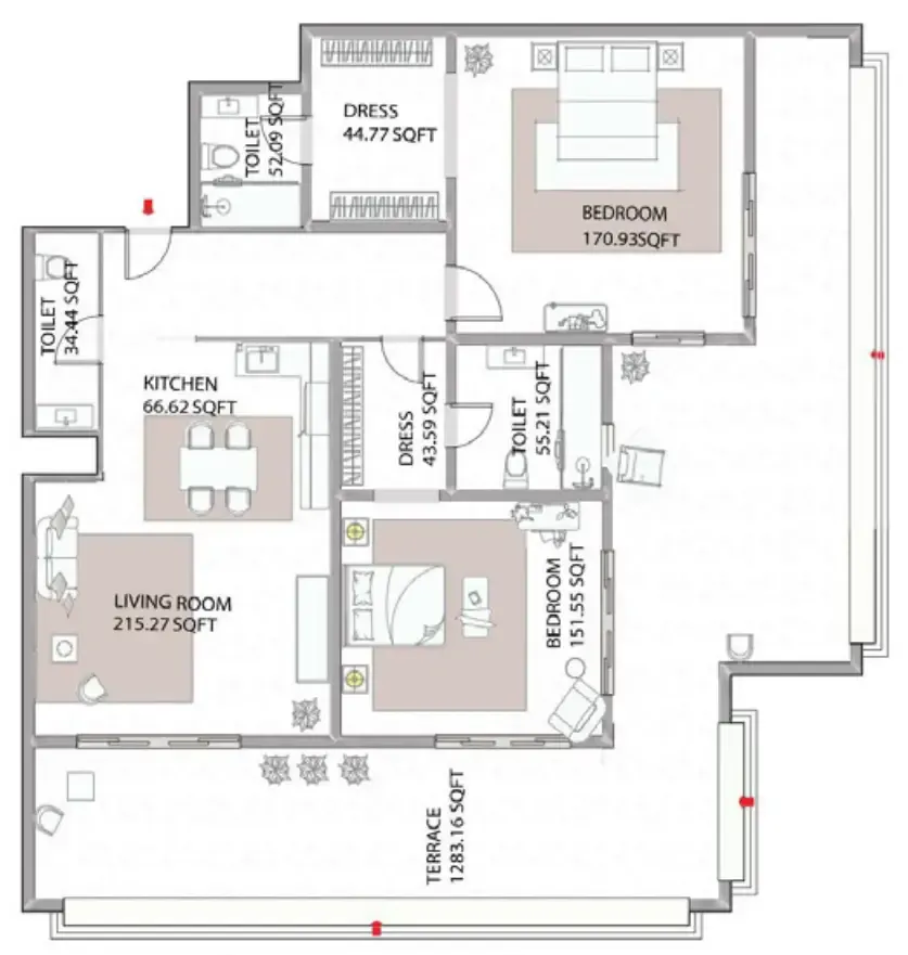 Ajman Creek Towers 2 bed floor plan, 2,150 – 2,218 sqft