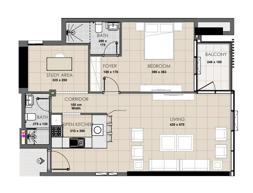 Palatium Residence 1 bed floor plan, 916 sqft