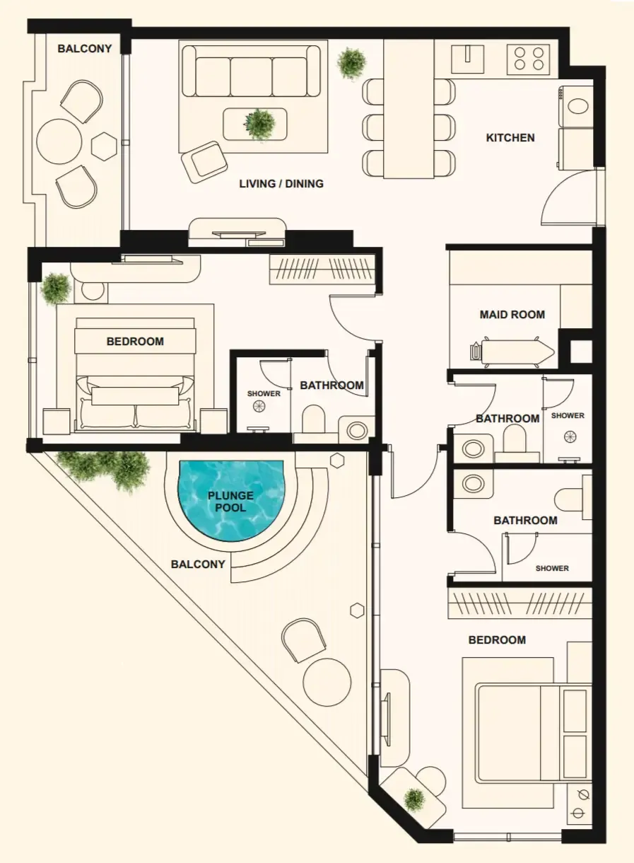 The Elysian 2 bed floor plan, 1,307 sqft