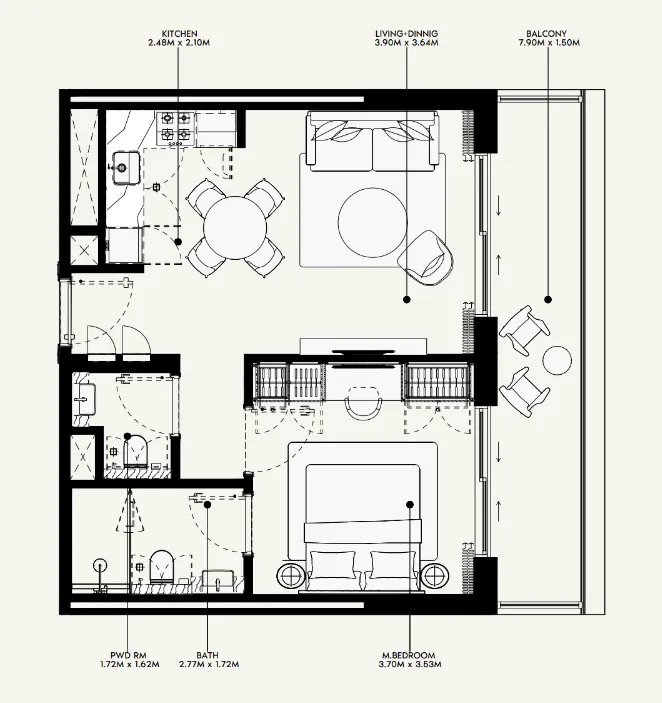 Azizi Venice 1 bed floor plan, 689 sqft