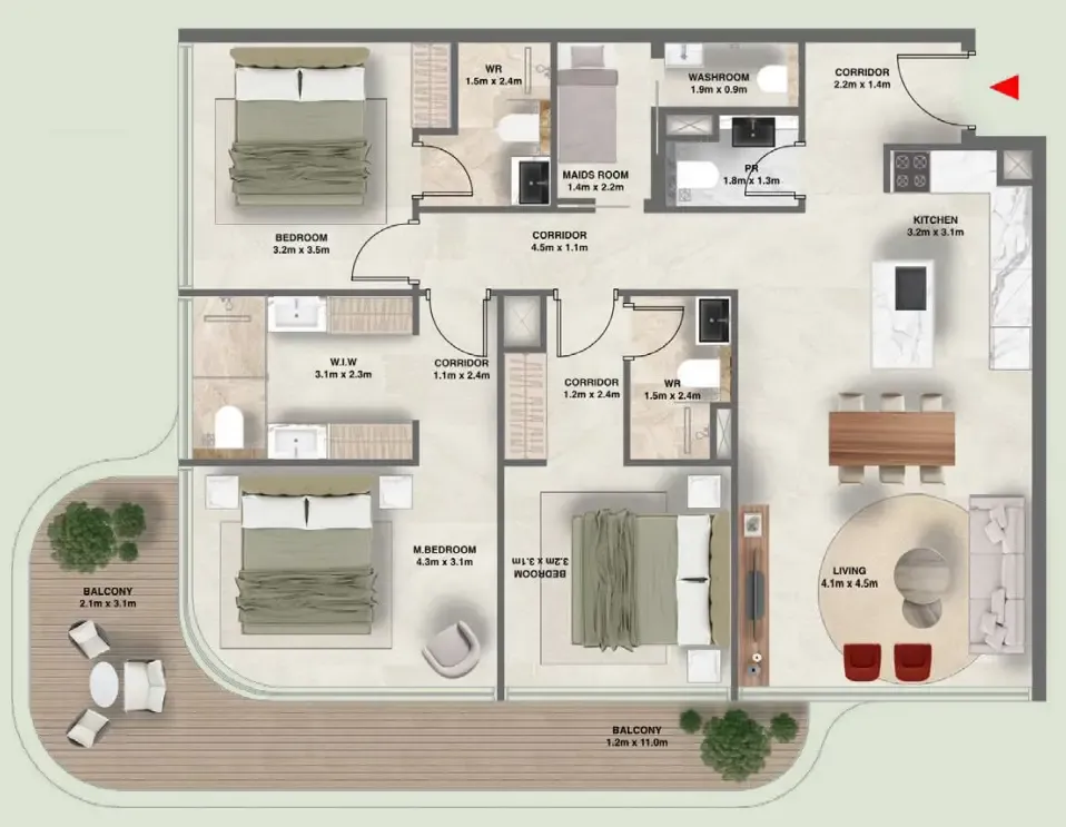 The Tides 3 bed floor plan, 1,417 sqft