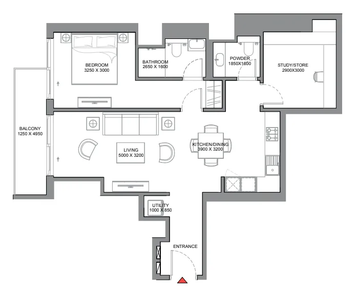 340 Riverside Crescent 1 bed floor plan, 894 sqft