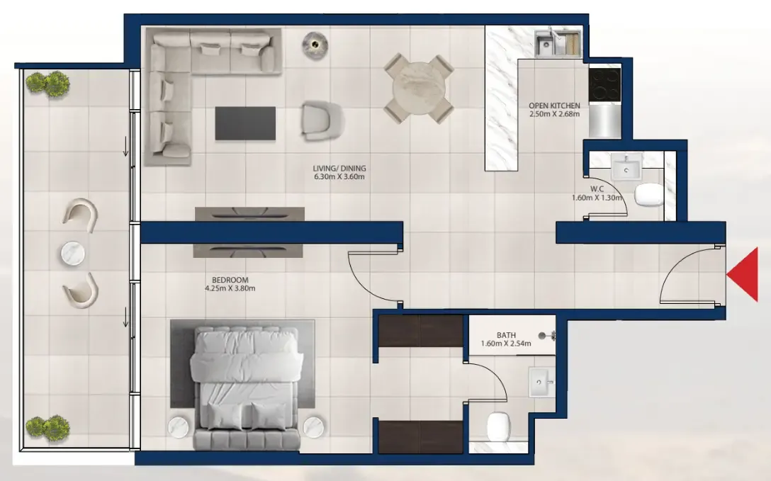 Al Vista 1 bed floor plan, 938 sqft