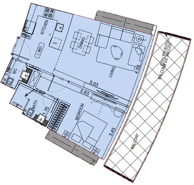 Binghatti Flare 1 bed floor plan, 809 sqft